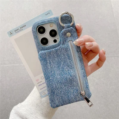 For iPhone 15 Pro Max Case with Kickstand Zipper Wallet Jeans Texture PU PC Phone Back Cover - Blue