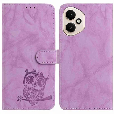 For Honor 400 5G (Global) Case Owl Imprinted PU Leather Wallet Phone Cover with Wrist Strap - Purple