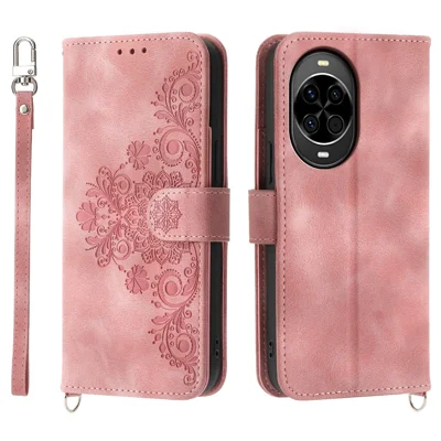 For Huawei nova 14 5G Case Flower Pattern PU Leather Wallet Phone Cover with Strap - Pink