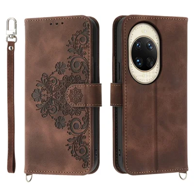 For Huawei nova 14 Ultra 5G Case Flower Pattern PU Leather Wallet Phone Cover with Strap - Brown