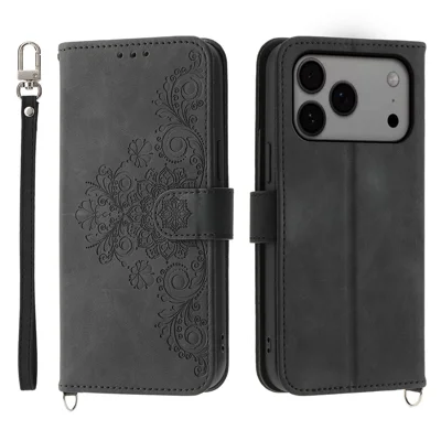 For iPhone 18 Pro Max / 17 Pro Max Case Flower Pattern PU Leather Wallet Phone Cover with Strap - Black