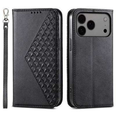 For iPhone 18 Pro Max / 17 Pro Max Case Calf Texture PU Leather Wallet Phone Cover with Wrist Strap - Black