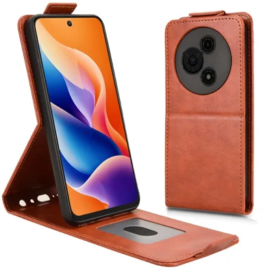For TCL 605 4G Stand Case Magnetic Clasp Vertical Flip Leather Phone Cover with Card Holder - Orange