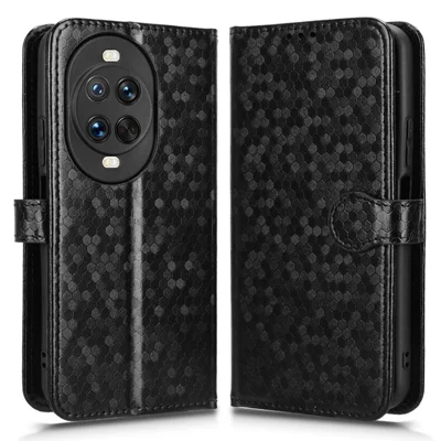 For Huawei nova 14 Ultra 5G Wallet Case Dot Pattern Imprint PU Leather Phone Cover with Wrist Strap - Black
