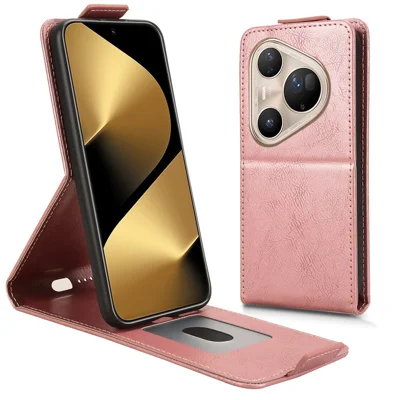 For Huawei Pura 80 Ultra Stand Case Magnetic Clasp Vertical Flip Leather Phone Cover with Card Holder - Rose Gold