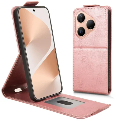 Etui do Huawei Pura 80 z funkcją uchwytu, magnetyczny zamek, pionowe etui skórzane z uchwytem na kartę - różowe złoto