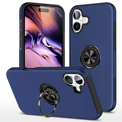 For iPhone 17 Case PC + TPU Phone Cover with Rotatable Ring Holder - Blue
