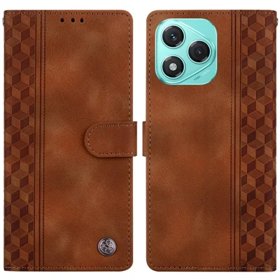 For Honor 400 Lite 5G Leather Case Imprinted Checkered Pattern Wallet Stand Flip Phone Cover - Brown