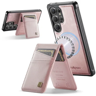 AUTSPACE For Samsung Galaxy S25 Ultra Case  A12 Leather Back Cover with Magnetic Detachable Card Bag Kickstand - Rose Gold