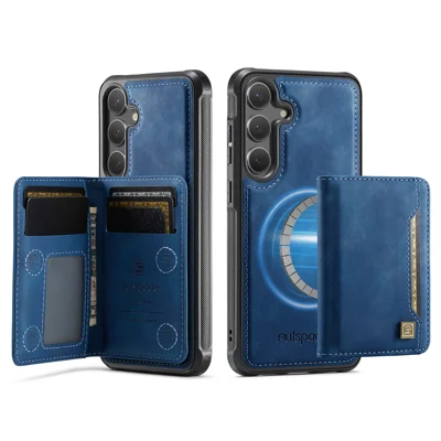 AUTSPACE For Samsung Galaxy S24 / Galaxy S25 Case  A13 Vintage Leather Back Cover with Magnetic Detachable Card Bag - Blue