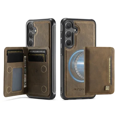 AUTSPACE For Samsung Galaxy S25+ / Galaxy S24+ Case  A13 Vintage Leather Back Cover with Magnetic Detachable Card Bag - Coffee