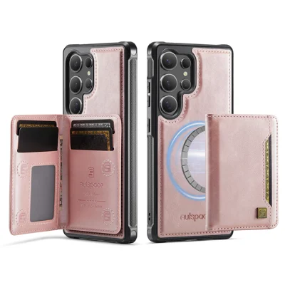 AUTSPACE For Samsung Galaxy S24 Ultra Case  A13 Vintage Leather Back Cover with Magnetic Detachable Card Bag - Rose Gold