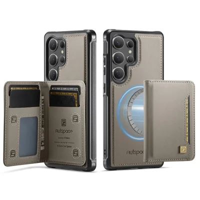 AUTSPACE For Samsung Galaxy S25 Ultra Case  A13 Vintage Leather Back Cover with Magnetic Detachable Card Bag - Grey