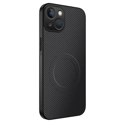 For iPhone 15 Case Compatibel met MagSafe WANLONFENG TQ-serie Koolstofvezelstructuur PC TPU-telefoonhoes - Zwart
