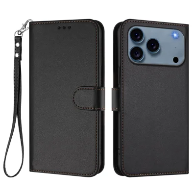 For iPhone 18 Pro Max / 17 Pro Max Leather Case Wallet Stand Phone Cover with Wrist Strap - Black