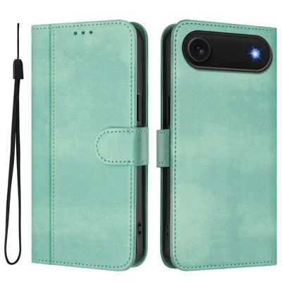 For iPhone Air Cases Wallet Stand Retro Texture Leather Phone Cover with Lanyard - Mint Green