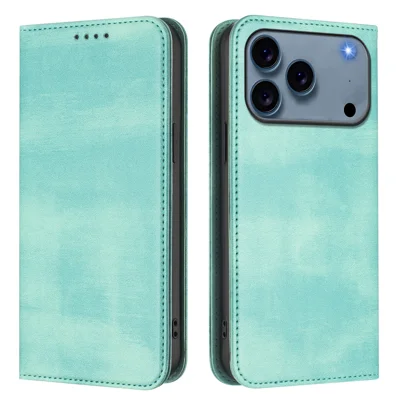 For iPhone 18 Pro / 17 Pro Wallet Cases Retro Texture RFID Blocking Leather Phone Cover - Mint Green
