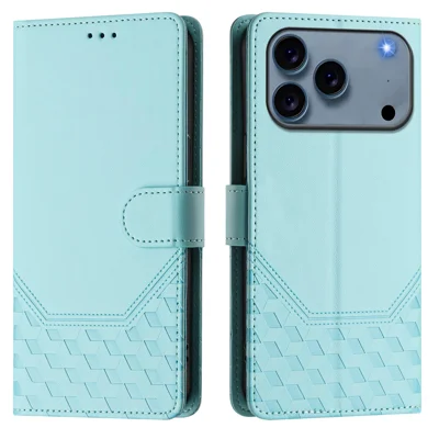 Voor iPhone 17 Pro-hoesje met ingebrand honingraatpatroon, RFID-blokkering, lederen telefoonhoesje met riem - Muntgroen