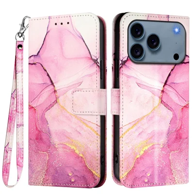 For iPhone 18 Pro / 17 Pro Case with Strap Marble Pattern Leather Phone Cover Card Holder - Pink / Purple / Gold LS001