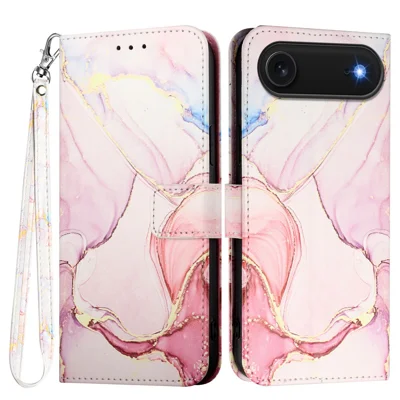 For iPhone Air Case with Strap Marble Pattern Leather Phone Cover Card Holder - Rose Gold LS005