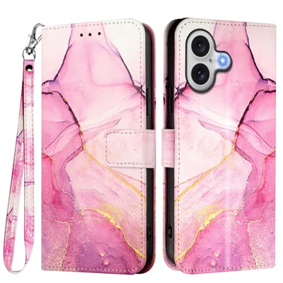 For iPhone 17 Case with Strap Marble Pattern Leather Phone Cover Card Holder - Pink / Purple / Gold LS001