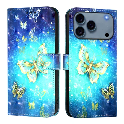 Leer hoesje voor iPhone 17 Pro Max met patroonafdruk, portemonnee, standaard en draagkoord - Gouden vlinders