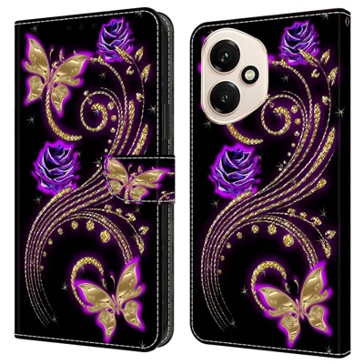 For Honor 400 5G (Global) Case 3D Pattern PU Leather Wallet Phone Cover with Stand - Purple Flowers  /  Butterflies