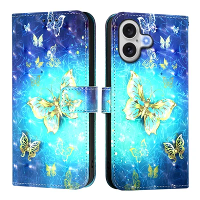 Voor iPhone 17 Leren Hoesje met Patroonprint Portemonnee Stand Mobiele Cover met Bandje - Gouden Vlinders