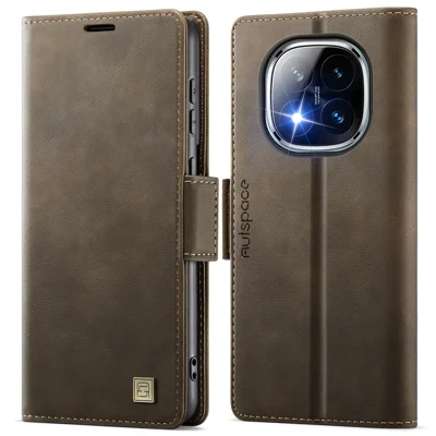 AUTSPACE For Xiaomi Redmi Note 14 Pro 4G Case  A11 RFID Blocking Retro Leather Cell Phone Wallet Cover - Brown