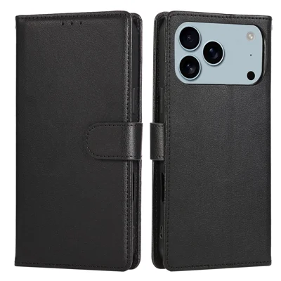 Hoofdtelefoon voor iPhone 17 Pro Max Case Wallet Stand View PU Leather Telefoonhoes met Polsbandje - Zwart