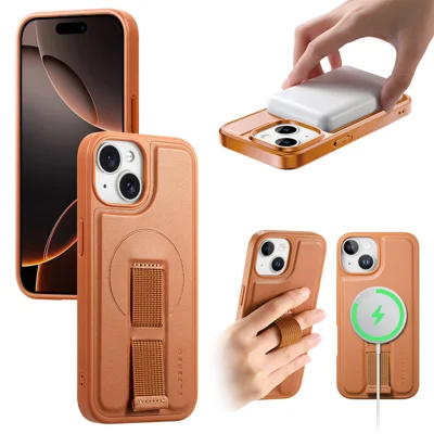 CASENEO For iPhone 14 / iPhone 13 6.1 inch Magnetic Case Wristband PU Leather + PC Shockproof Phone Cover - Brown