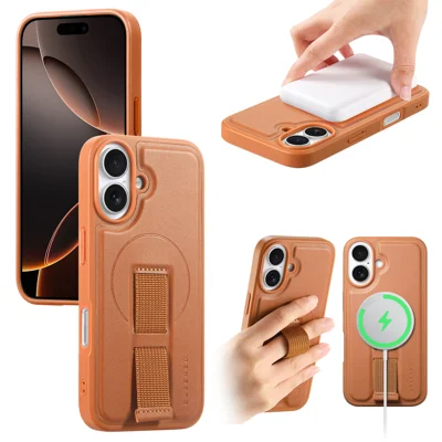 For iPhone 16 Magnetisk Ombælte CASENEO Håndledsrem PU Læder + PC Stødfast Telefonbeskyttelse - Brun