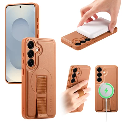 For Samsung Galaxy S24 / Galaxy S25 Magnetisk Ombælte CASENEO Håndledsrem PU Læder + PC Stødfast Telefonbeskyttelse - Brun