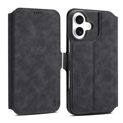 DENIOR B07 For iPhone 16 Case Leather + PC Magnetic Detachable Wallet Phone Cover - Black