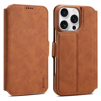 DENIOR B07 For iPhone 16 Pro Case Leather + PC Magnetic Detachable Wallet Phone Cover - Brown