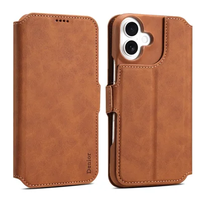 DENIOR B07 For iPhone 16 Plus Case Leather + PC Magnetic Detachable Wallet Phone Cover - Brown