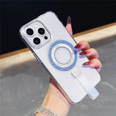 For iPhone 15 Pro Max Magnetic Case with Handheld Strap Laser Glitter Clear PC Phone Cover - Blue