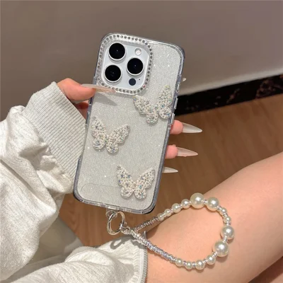 For iPhone 16 Pro Max Case Glitter Rhinestone Decor Butterfly TPU + PC Phone Case with Beaded Strap - Black
