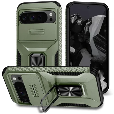 For Google Pixel 11 Pro XL / 10 Pro XL / Pixel 9 Pro XL Case Camshield Kickstand TPU + PC Anti-Slip Phone Cover - Green