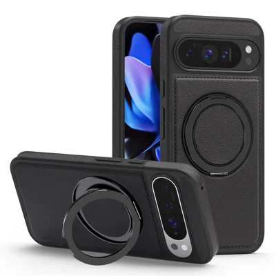 For Google Pixel 10 Pro XL Case with Ring Kickstand Magnetic Case PU Leather Back Cover - Blue