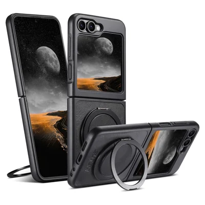 SUTENI G3 For Samsung Galaxy Z Flip5 5G Magnetic Case Waxy Texture Rotating Kickstand Leather Phone Back Cover - Black