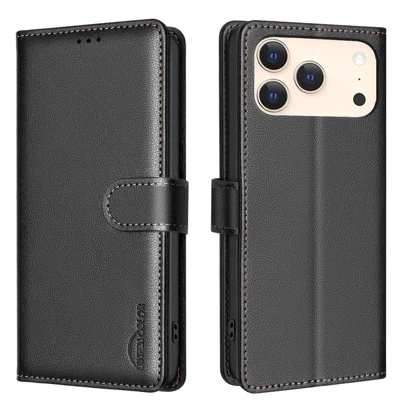 For iPhone 17 Pro Max Leather Case BINFEN COLOR BF32 Wallet RFID Blocking Phone Cover - Zwart
