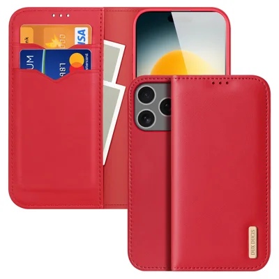 DUX DUCIS For iPhone 17 Pro Max Case  Hivo Series Cowhide Leather RFID Blocking Wallet Stand Flip Phone Cover - Red