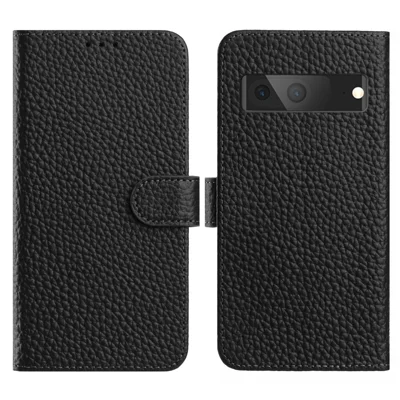 For Google Pixel 7a Case Wallet Stand Litchi Texture Genuine Cow Leather Flip Phone Cover - Black