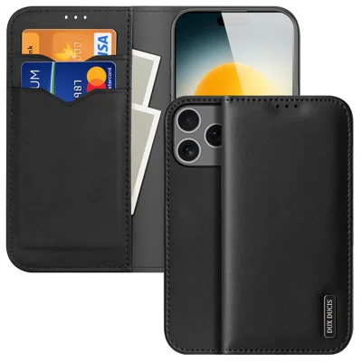 DUX DUCIS For iPhone 17 Pro Case Hivo Series Cowhide Leather RFID Blocking Wallet Stand Flip Phone Cover - Black