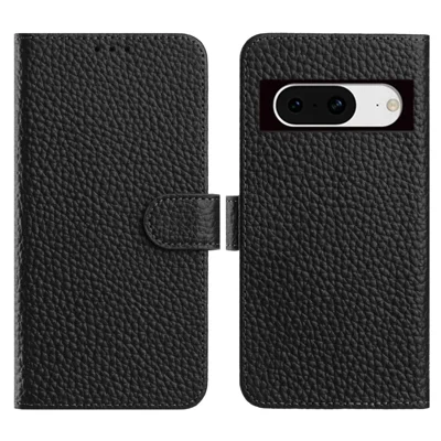 For Google Pixel 8 Case Wallet Stand Litchi Texture Genuine Cow Leather Flip Phone Cover - Black