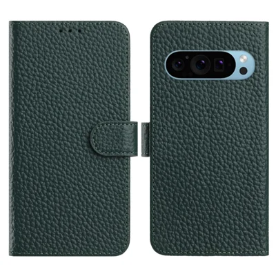 For Google Pixel 10 Pro XL  /  Pixel 9 Pro XL Case Wallet Stand Litchi Texture Genuine Cow Leather Flip Phone Cover - Green