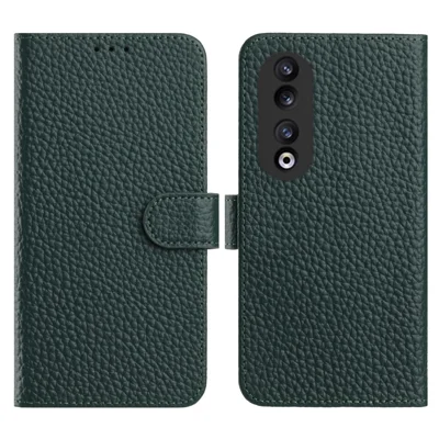 For Honor 90 Case Wallet Stand Litchi Texture Genuine Cow Leather Flip Phone Cover - Green