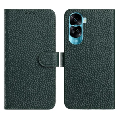 For Honor 90 Lite 5G Case Wallet Stand Litchi Texture Genuine Cow Leather Flip Phone Cover - Green