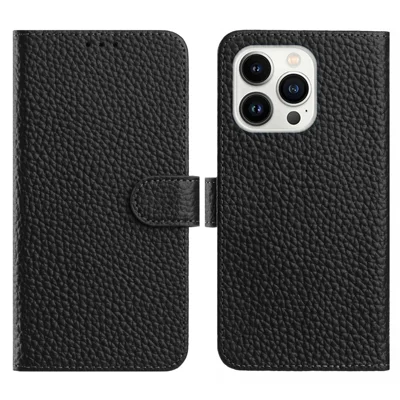 For iPhone 16 Pro Max Case Wallet Stand Litchi Texture Genuine Cow Leather Flip Phone Cover - Black